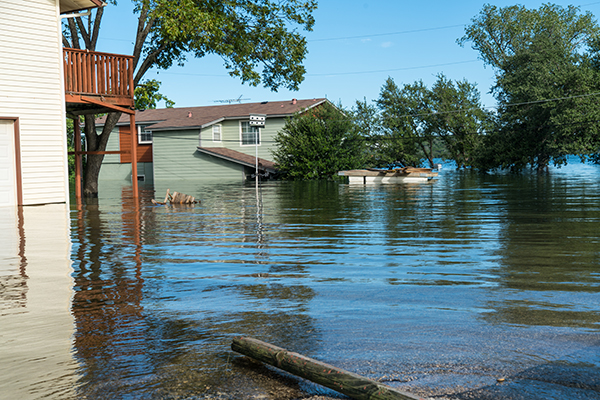 Image shows two homes and several trees caught in deep flood waters.